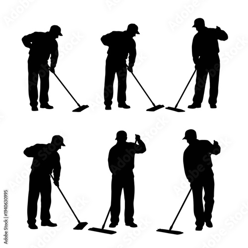 Janitor silhouette set with 6 cleaning worker figures, professional cleaner using mop and broom, maintenance staff vector icons for service industry