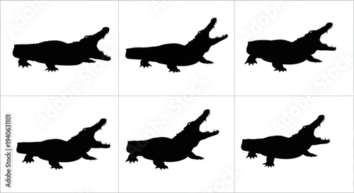 Crocodile silhouette set with open mouth, alligator vector collection in various poses, predatory reptile icons for wildlife design