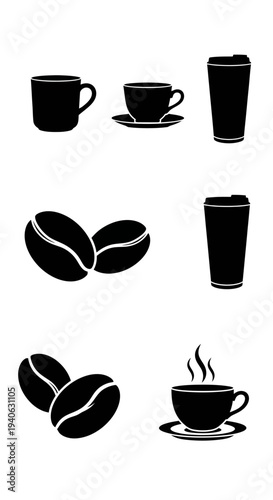 Minimalist coffee icon set with black silhouettes, collection of 7 vector elements including coffee beans, mugs, espresso cups, and travel tumblers