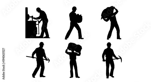 Industrial worker silhouettes collection, set of 6 manual labor icons, construction and mining workers with tools, black vector figures on white background