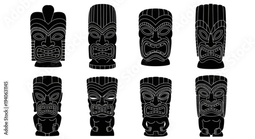 Polynesian tiki mask vector set, 8 black tribal totem icons, traditional Hawaiian and Maori style wooden statues for summer party branding