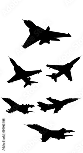 Military jet fighter silhouettes collection, 6 black aircraft vector elements, modern air force warplane icons for aviation design and combat graphics