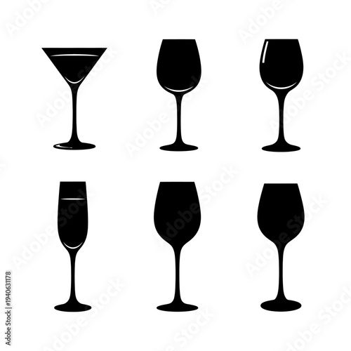 Minimalist wine glass silhouettes, set of 6 black glassware icons, elegant drinkware vector elements for bar menus and restaurant branding