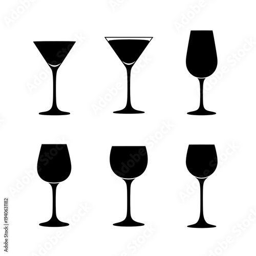Minimalist wine glass silhouettes, set of 6 cocktail and martini glass icons, black drinkware vector illustrations for bar menus and signage