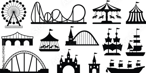 Amusement Park Attractions Silhouette Set Ferris Wheel Roller Coaster Carousel Circus Tent Pirate Ship Vector Icon Collection