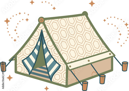 Camping Tent with Patterned Fabric and Cups