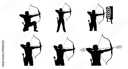 Archery silhouette set with 6 vector icons, archer aiming bow and arrow at target, professional bowman shooting poses for sport and hunting design