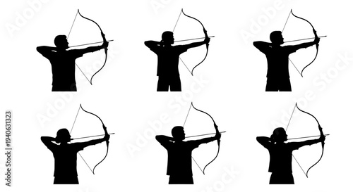 Archery silhouette collection with 6 archer poses, male athlete aiming bow and arrow, black vector sport icons on white background
