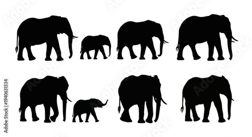 Elephant silhouette collection with 8 vector elements, african elephant family group icons, wild animal silhouettes for safari and nature design