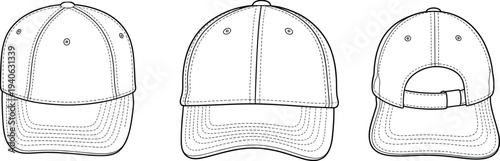 Baseball cap outline mockup showing front, back and side views, blank hat template for apparel branding and fashion design