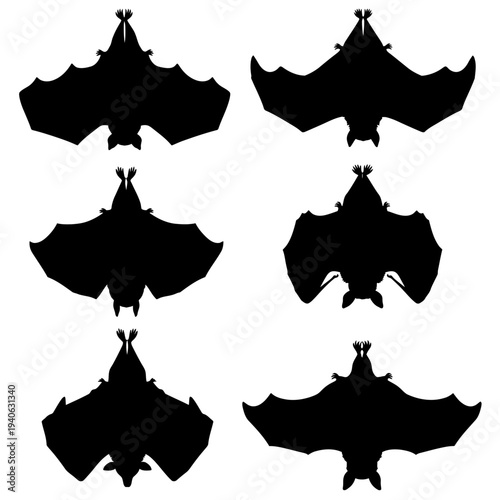 Black bat silhouette collection, 6 flying bat vector icons, spooky halloween animal shapes, dark nocturnal creature graphics on white background