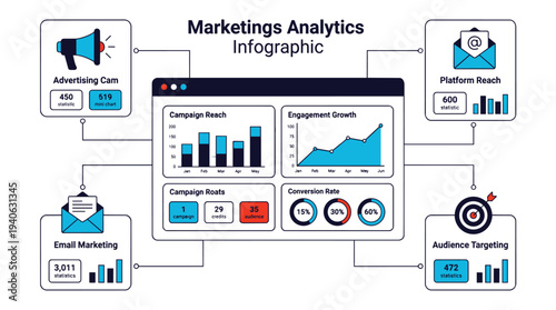 Marketing analytics infographic with campaign reach and engagement metrics