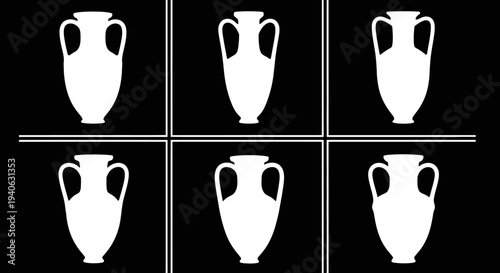 Ancient Greek amphora silhouettes, set of 6 white pottery icons on black background, minimalist antique vase vector illustrations for museum branding