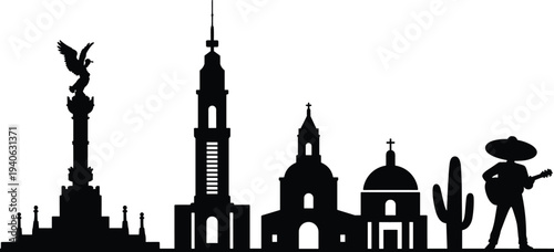 Mexico City Skyline Silhouette with Angel of Independence Cathedral Cactus and Mariachi Musician Mexican Culture Landmark Vector Illustration