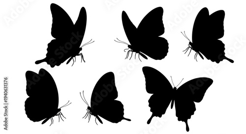Black butterfly silhouettes set, collection of 6 flying insect vector shapes, minimalist nature icons for spring and summer design projects