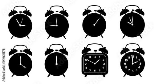 Vintage alarm clock silhouette set, collection of 8 black clock icons with different times, retro analog timepiece symbols for schedule and deadline management