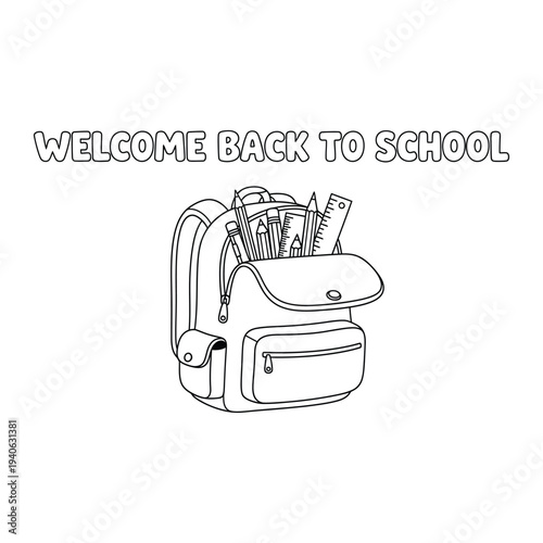 A coloring page of a school backpack with supplies and welcome back to school text