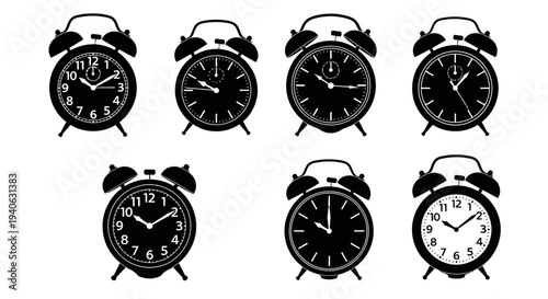 Vintage alarm clock vector set, black silhouette twin bell clocks showing different times, retro analog timepiece icons for schedule and deadline management