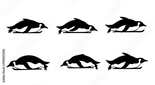 Penguin silhouette vector set, black and white emperor penguins sliding on ice, collection of 6 flightless bird icons for winter nature design