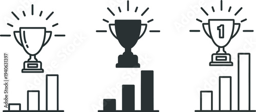 Trophy awards with increasing bar graphs representing growth and success