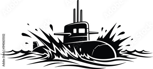 Black submarine emerging from ocean waves white