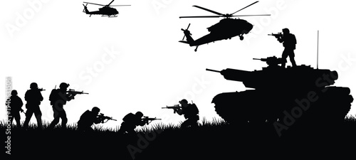 Black silhouettes of soldiers with guns standing on grass with tank and helicopters