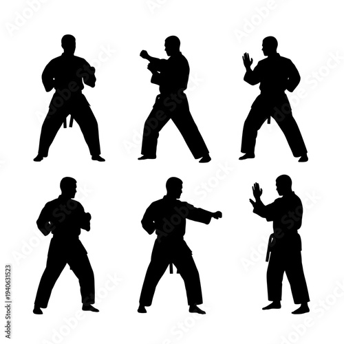 Martial arts silhouette vector set, karate and judo fighters in combat poses, black silhouettes of 6 athletes in traditional kimono uniforms