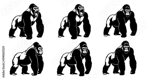 Powerful gorilla mascot vector set, 6 silverback ape character poses in black and white, aggressive primate silhouettes for sports logos and branding