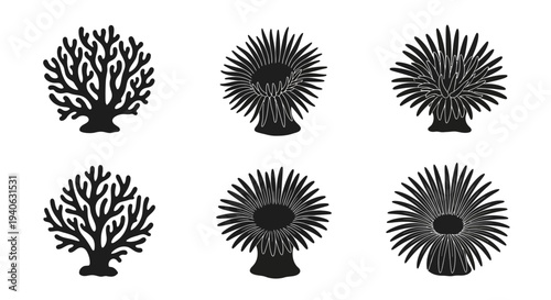 Set of 6 Black Coral and Sea Anemone Vector Icons for Marine Life, Oceanography, and Underwater Nature Designs