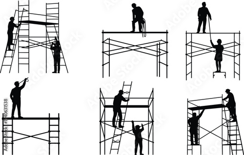 Construction workers on scaffolding silhouettes set with ladders and builders working at height on building structure vector illustration
