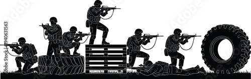 Soldiers in combat gear aiming rifles from behind obstacles