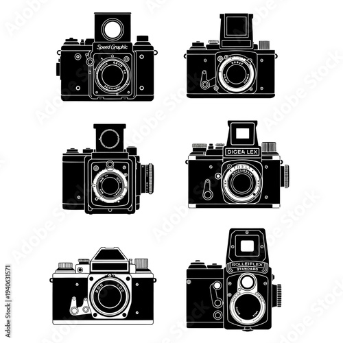 Vintage camera vector icons set, retro analog photography equipment collection, black and white classic film camera illustrations for graphic design
