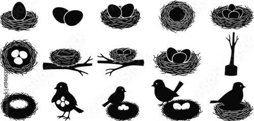 Silhouette of various bird nests and birds in different scenes and positions
