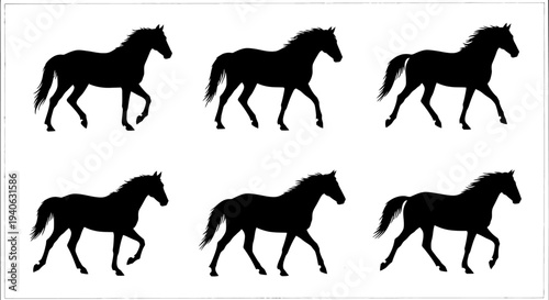 Set of 6 Black Horse Silhouettes Vector Illustration for Equestrian Design, Animal Graphics, and Motion Animation Reference