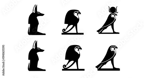 Set of 6 Ancient Egyptian Hieroglyphic God Icons Vector: Anubis, Horus, and Ra Symbols in Black Silhouette for Cultural and Historical Designs