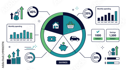 Infographic illustrating personal finance management with savings goals