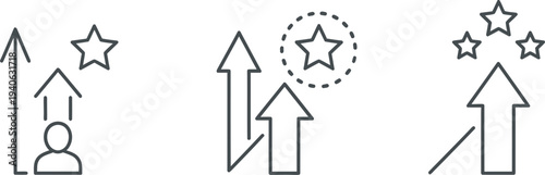 Three black line icons depicting growth and rating with arrows and stars