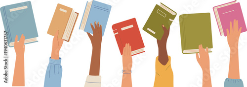 Diverse Hands Holding Books Education Learning Literacy Concept Multicultural Students Raising Books Flat Vector Illustration