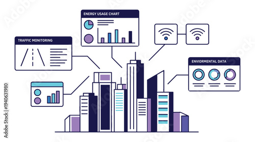 Smart city infrastructure with traffic monitoring and energy usage charts