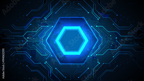 Abstract circuit board pattern with a central glowing hexagonal focus