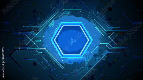 Abstract hexagonal circuit design with glowing blue lines and digital elements