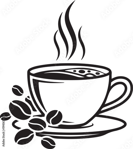 Steaming cup of coffee with coffee beans on saucer