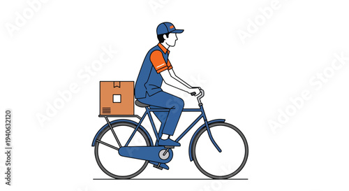 Delivery man riding a bicycle with a parcel on the back.
