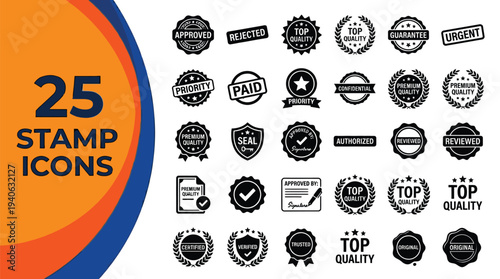 Twenty five black stamp icons show various approvals.