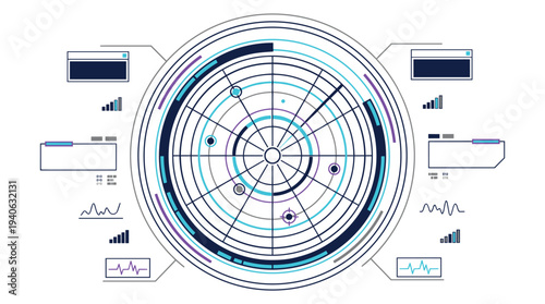 Modern business dashboard with futuristic circular graph and data visualization tools