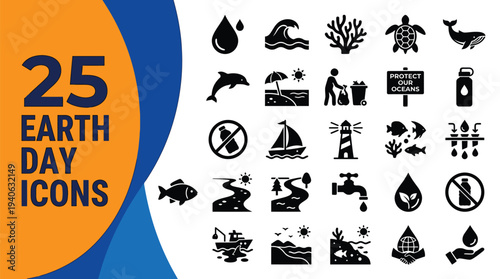 Ocean conservation icons display marine life and pollution.