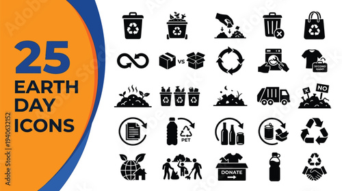 Twenty five earth day icons illustrate trash recycling.