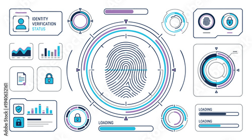 Identity verification process with fingerprint scan and security icons
