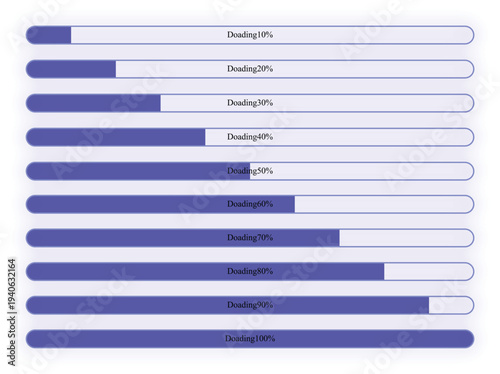 Horizontal loading progress bar interface set. Blue UI progress indicator collection from 10 percent to 100 percent. Modern download status bar design for dashboard, web interface, and application.