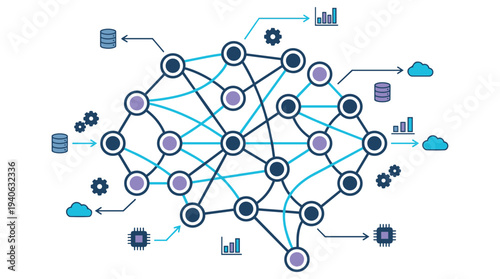 Modern network infrastructure with interconnected nodes and cloud storage